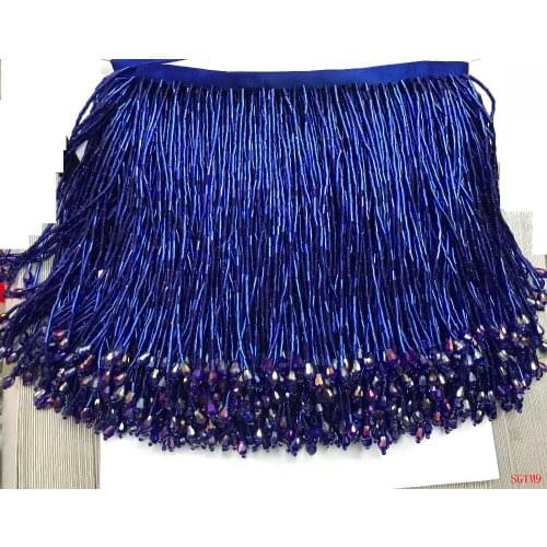 Royal blue Handmade 15cm wide beaded fringe trimming,5yard, about 270 beads threads/yard SGTM9