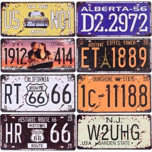 Retro Metal Tin Sign Route 66 Car Number License Plate Plaque Vintage Metal Poster for Bar Club Garage Wall Home Decor 15*30cm