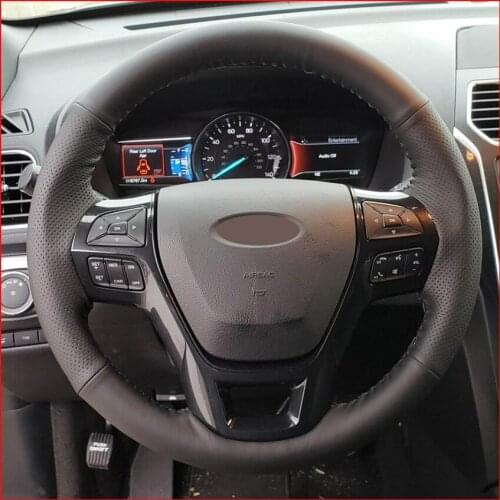 MEWANT Black Genuine Leather Red Marker Car Steering Wheel Cover for Ford Explorer 2016 2017 2018 2019 Accessories