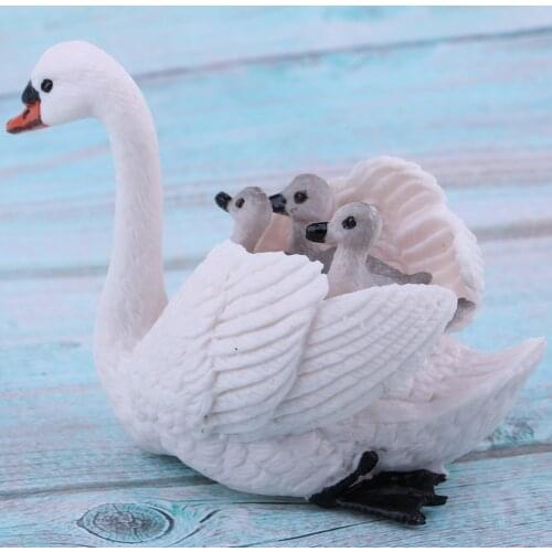 Cute White Swan Babies on Back Wild Animal Figurines Collection Kids Toys