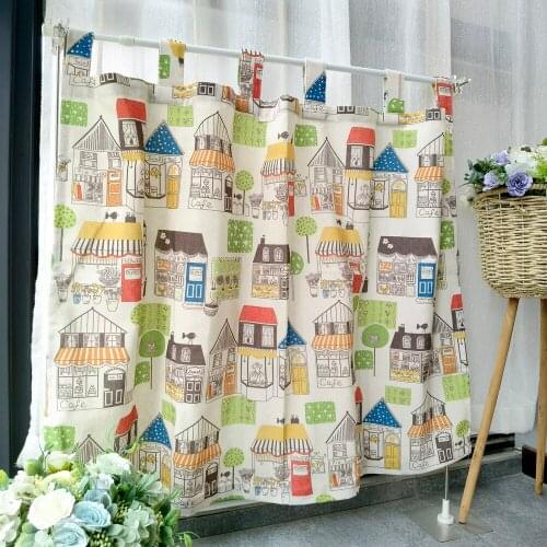 Cartoon Colorful Castle House Sling Valance Curtains for Kitchen Farmhouse Half Window Cotton Linen Short Bay Window Panel #5