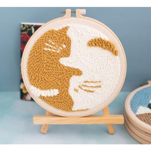 Cartoon Cat Punch Needle Embroidery Kit with Hoop Needlework Wool Work Beginner-Friendly Sewing Kits Handmade Painting Gift