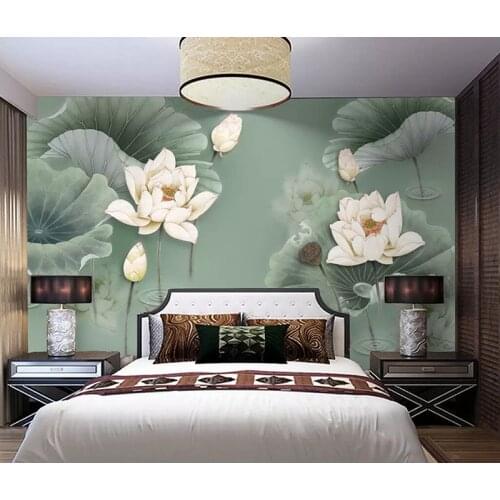 New Chinese style 8d Hand-painted Wall paper Mural 3D Lotus Flower Wallpaper sticker paper For Living room Bedroom Wall Murals