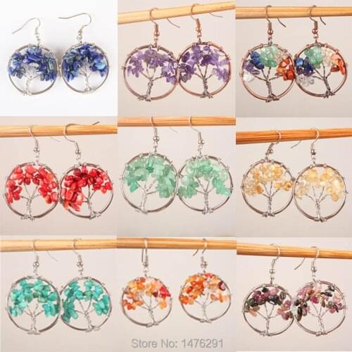 New Healing Chakra Tree Of Life Wire Wrapped Tumbled Stone Beads Round Dangle Drop Hook Earrings 1pair