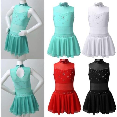 Kids Girls Sleeveless Metallic Tulle Splice Cutouts Rhinestone Ice Figure Skating Dress Ballet Gymnastic Leotard Dance Costume