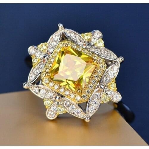 Yanleyu Luxury Princess Engagement Ring Yellow CZ Sparkling Flower Rings for Women Cubic Zircon Wedding Bands Jewelry PR113