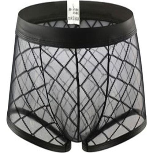Sexy Breathable Thin Boxer Black Men Mesh Transparent See Through U-Convex Underwear Lingerie Gay Wear Pants