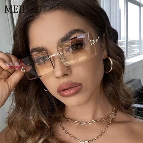 Retro Rimless Rectangle Sunglasses Lady trend Pink Clear Shades For Women Fashion Gradient Small Metal Frame Sunglasses Summer