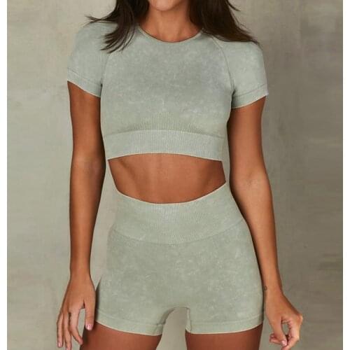 Seamless Yoga Sets 2pcs/3pcs Sport Suit Shorts Short Sleeve Suit High Waisted Leggings Sand Washing Imitation Denim Fitness Suit