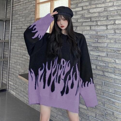 Winter Autumn Oversize Sweater Loose Long O-Neck Flame Knitted Pullover Tops