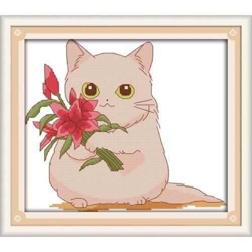 Cross Stitch Hand Embroidery Set, Flower Delivery Kittens 11CT 14CT Animal Series Needlework Furniture Wall Decorations