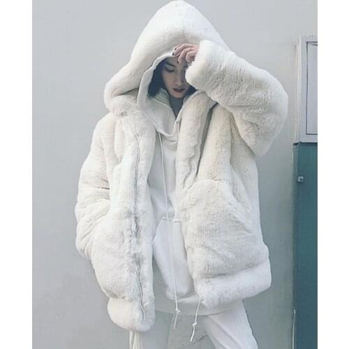 Women 2020 Winter Hoodies Faux Fur Coat Oversized Thicken Elegant Rabbit Fur Overcoat Female Plush Casual Warm Outerwear G784