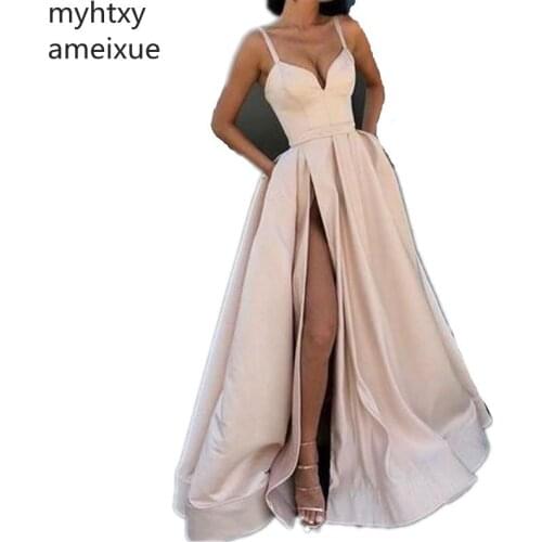 Sexy A-Line 2020 Side Slit Satin Women Simple Floor-Length Empire Plus Size Empire Evening Dresses Long Party Gowns For Prom