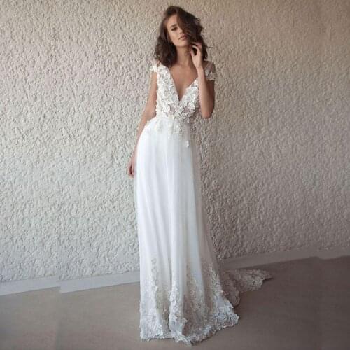 Sexy Wedding Dress Boho Long Backless White Beach 2019 Wedding Dress Appliques Lace V Neck Princess Bride Dress Free Shipping