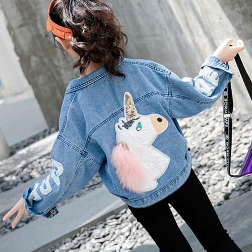 2020 Unicorn Jeans Jackets For Girls Denim Clothes Embroidery Sequin Children Windbreaker 4-14Y Kids Outerwear BC16