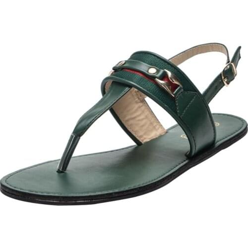 2021 Summer Sandals Metal Decoration Ladies Shoes Casual Fashion Woman Beach Shoes Green PU Leather Female Flip Flops Plus 42