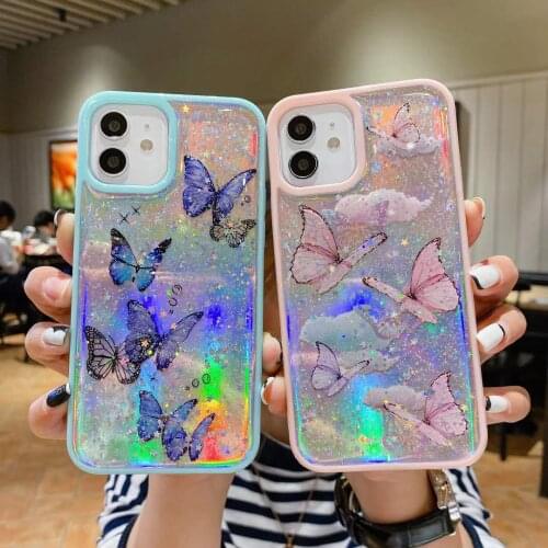 Cute Laser Card Butterfly Phone Case for IPhone 12 13 11 Pro Max XS Max XR 7 8 Plus Pink Purple Glitter Soft Clear TPU Cover