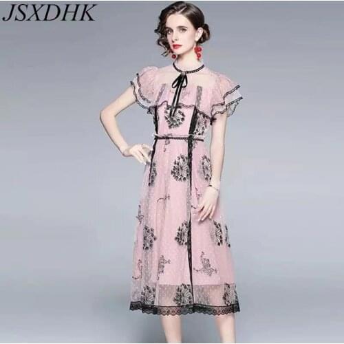 JSXDHK Temperament Summer Mesh Pink Dress High Quality Women Diamonds Bow Flower Embroidery Lace Ruffles Dot Long Party Dresses
