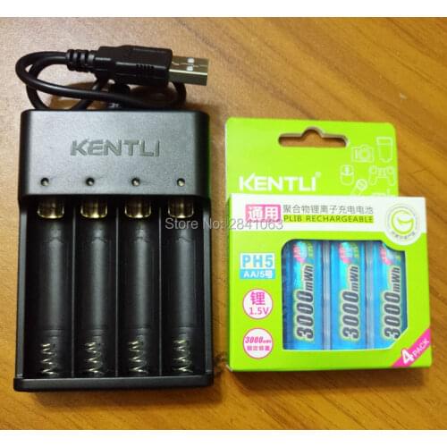 KENTLI 4pcs 1.5v 3000mWh AA rechargeable Li-polymer li-ion polymer lithium battery + 4 slots USB smart Charger