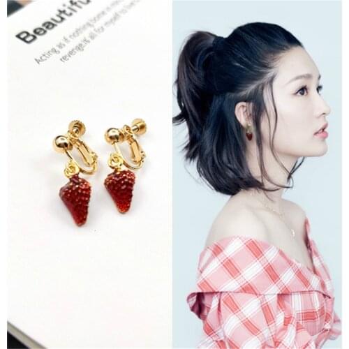 Mini Strawberry Clip On Earring Screw Dangling Girls Non Pierced Cute Fruit Red Earrings Small Pendant Accesories For Lady Girl