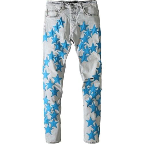 New 2021 Mens Male High street fashion full of stars leather star broken holes water washed jeans men denim pants blue trousers