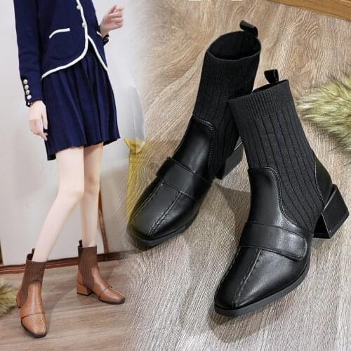 Autumn Short Boots New Fashion British Style Thin Boots Square Head Plush Ankle Dress British Shoes Knitted Socks Boots Women