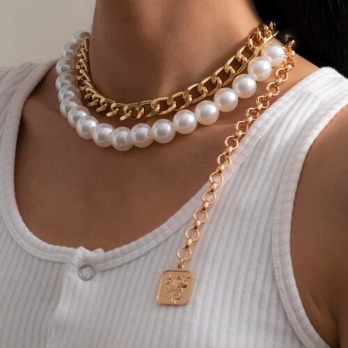 Punk Imitation Pearl Beaded Chunky Chain Necklace for Women Men Geometric Flower Pendant Necklace Gothic Fashion Jewerly 2021