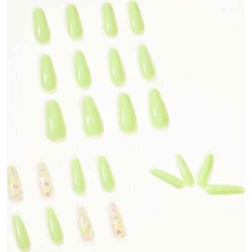24pcs Butterfly Printed Nail Patch Light Green Glue Type Removable Long Paragraph Fashion Manicure False Nail Patch SANA889