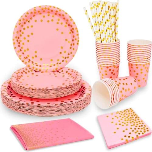 Pink Gold Party Supplies Rose Disposable Dinnerware Sets Plates Cutlery Decoration for Birthday Wedding Anniversary Cocktail