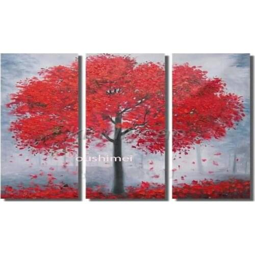 Hand-painted Wall Art Autumn Red Trees Abstract Landscape Oil Painting On Canvas White Flower 3pcs/set Group Of Paintings