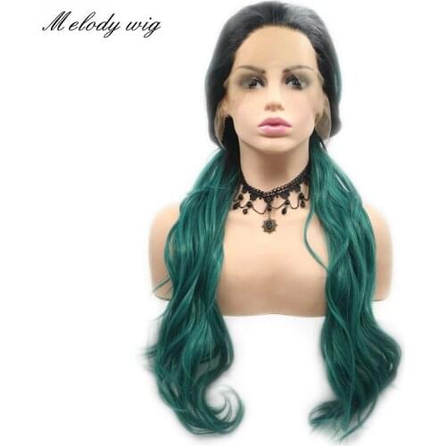 Melody Synthetic Lace Front Wigs Ombre Green With Dark Root Long Natural Wave With Fishtail Braids for Women Natural Looking Wig