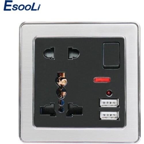 Esooli 13A Universal 5 Hole Switched Wall Socket With Neon 2.1A Dual USB Charger Port LED indicator Black Stainless Steel Frame