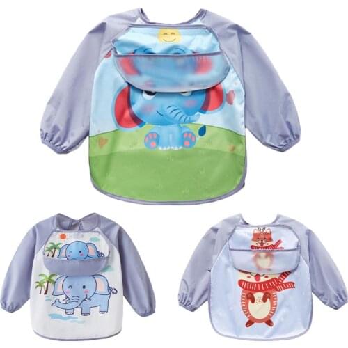 Cute Baby Grey with Animal Pattern Waterproof Drawing Apron Eating Feeding Bib