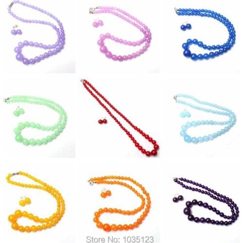 High Quality 6-14mm Pretty Smooth Round Shape 12 Color jades Stone Necklace+10mm Round Shape Earrings Jewelry 1 Set wj264