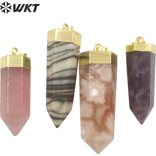 WT-P1710 Amazing gold top Natural Gemstone hexagon Spirit quartz healing stone pendant women jewelry design necklace pendant