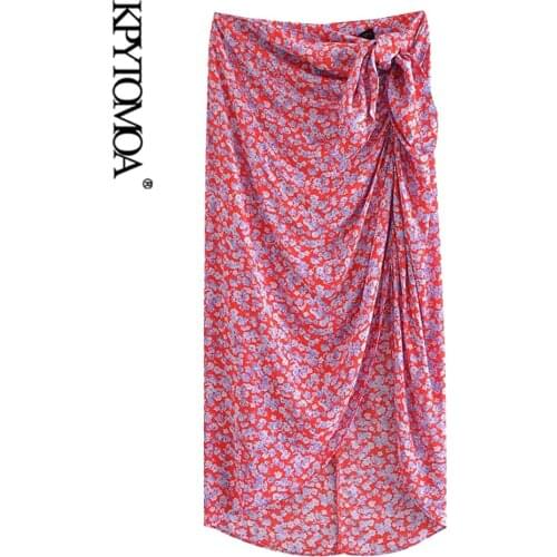 KPYTOMOA Women 2021 Fashion With Knot Floral Print Front Vents Midi Skirt Vintage High Waist Back Zipper Female Skirts Mujer