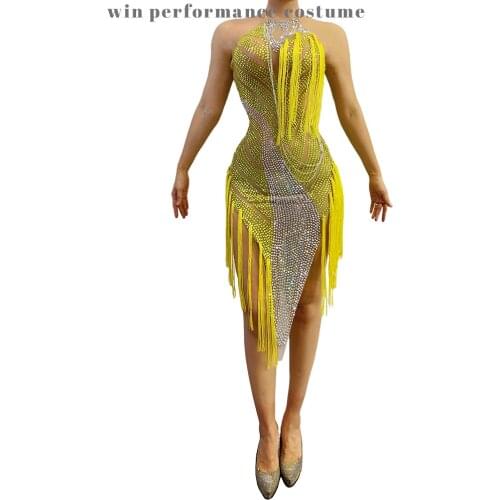 HalterFashion Yellow Rhinestones Fringes Latin Dress Women Birthday Celebrate See Through Mesh Dress Stage Costume Dance Outfit