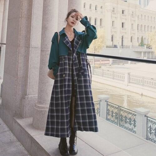 Womens Check Color Stitching Windbreaker 2021 Spring Autumn New Lapel Double Breasted Korean Loose Fashion Jacket Female 70X