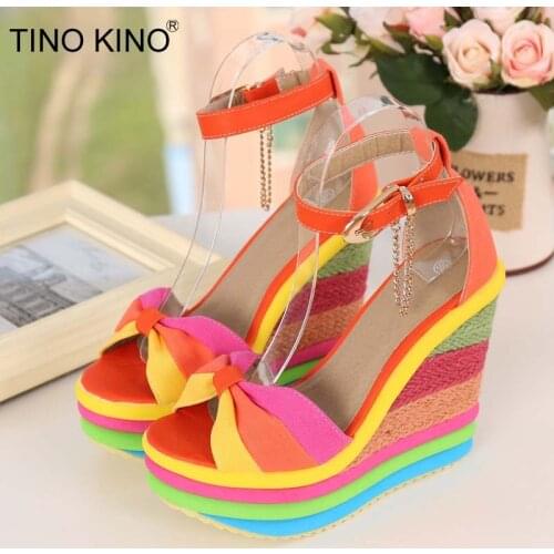 Women Sandals Wedges Rainbow Shoes Girls Colorful Platform Colors Bowknot Hemp Bottom Female Ankle Buckle Strap Ladies Summer