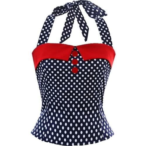Womens Elegant Vintage 1950s Party Top Polka Dot Halter Tube Shirts Tops
