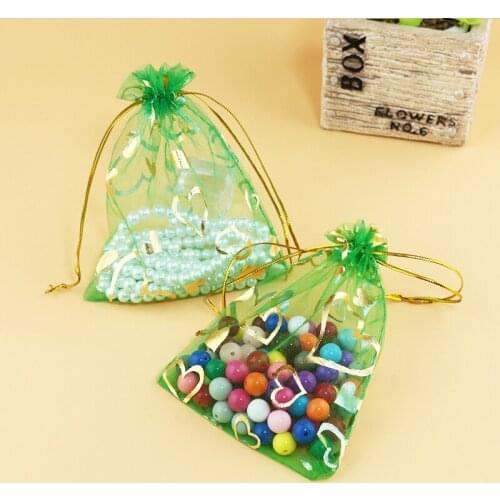 100pcs 7x9cm Drawable Organza Bags Heart Grass Green color Wedding Christmas Gift Bag Jewelry Packaging Bags Pouches