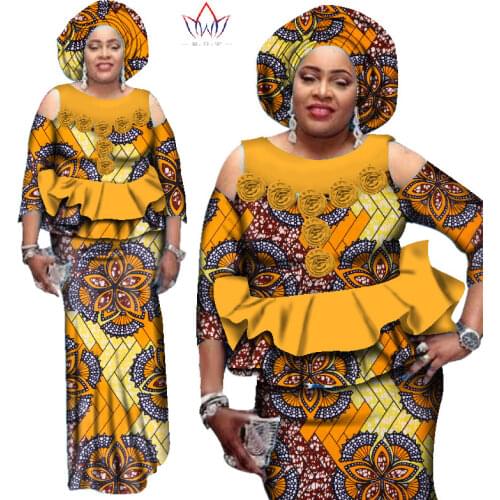 African Dashiki Two Pieces Set Women Half Sleeve Crop Tops & Long Skirt Sets African Mermaid Maxi Clothing 6XL BRW WY2544