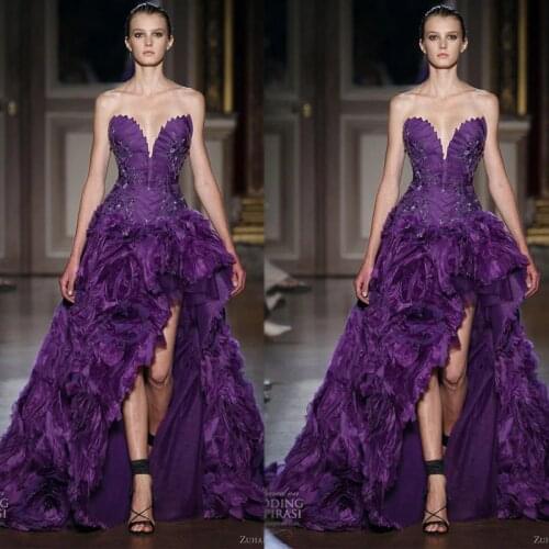 2021 Purple Hi Lo Prom Dresses Feather Sweetheart Ruffle Lace Sequins Evening Gowns Formal Runway Fashion Dress