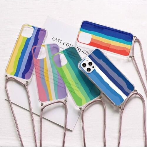 Necklace Lanyard PC Airbag Rainbow Case For Samsung Galaxy A72 A32 A52 A12 A50 A51 A70 A71 S20 FE S21 Ultra S10 S9 Plus S8 Funda
