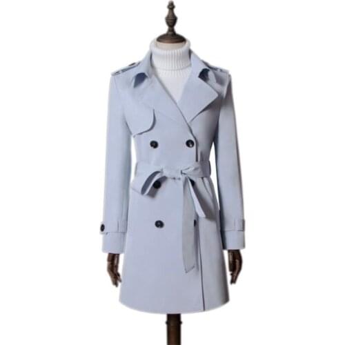 European spring ladies trench coat for women long sleeves coats womens casaco feminino slim overcoat woman light blue autumn
