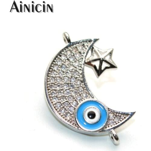 Blue Eyes Moon Star Shape Connectors Silver Color Full Rhinestone Crystal Setting Connection 17x26mm DIY Jewelry Making Findings