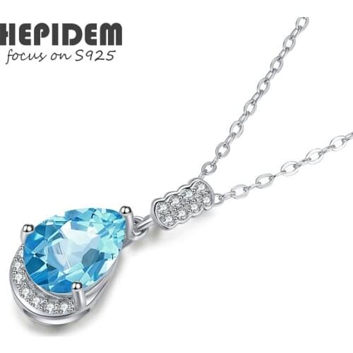 HEPIDEM 100% Really Topaz Pendant Necklace Women 925 Sterling Silver Natural Blue Gemstones Choker Statement with Chain H005