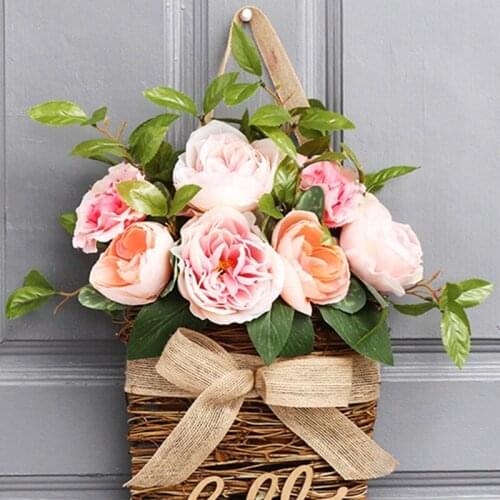 Artificial Flowers in Woven Basket Door Hanger Farmhouse Rustic Bowknot Fake Greenery Bonsai Wall Hanging Decoration