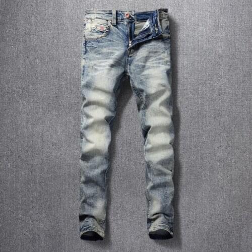 Italian Style Fashion Men Jeans High Quality Retro Yellow Blue Elastic Slim Ripped Jeans Distressed Vintage Designer Denim Pants