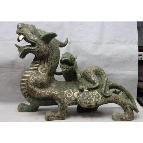 Chinese Bronze Silver-Gilt Foo Dog Lion Brave troops Pixiu kylin Unicorn Statue